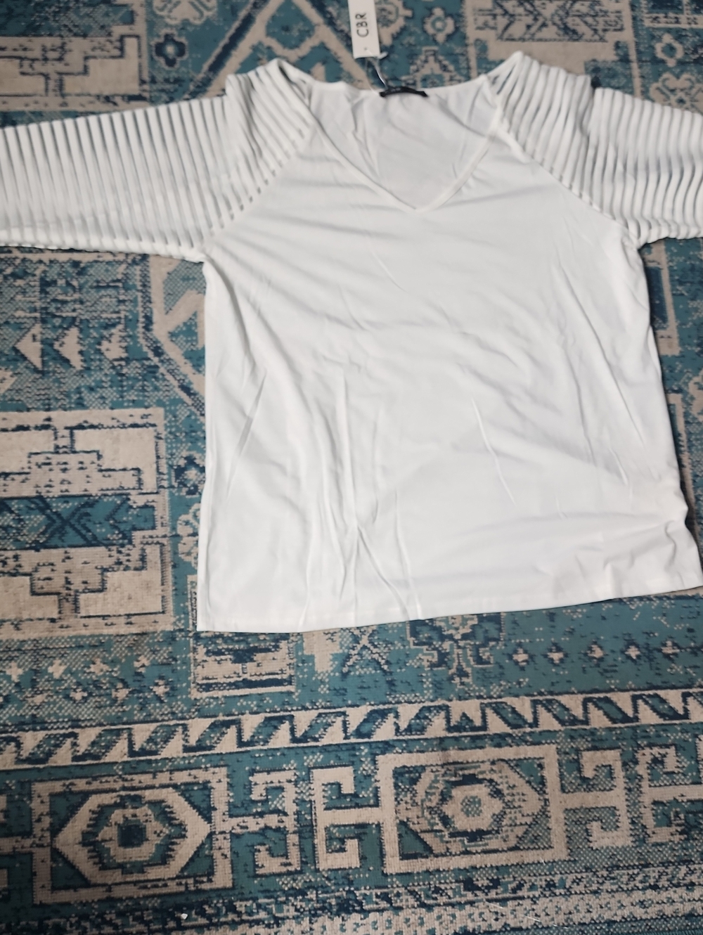 CBR White V-Neck Raglan Top with Striped Sleeves